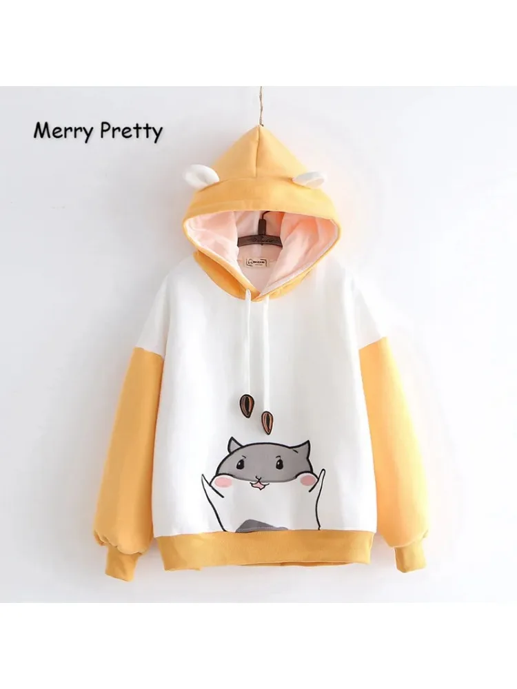 

Merry Pretty Women Cartoon Print With Ears On Hood Hoodies Sweatshirts 2020 Winter Long Sleeve Hooded Tracksuit Loose Pullovers