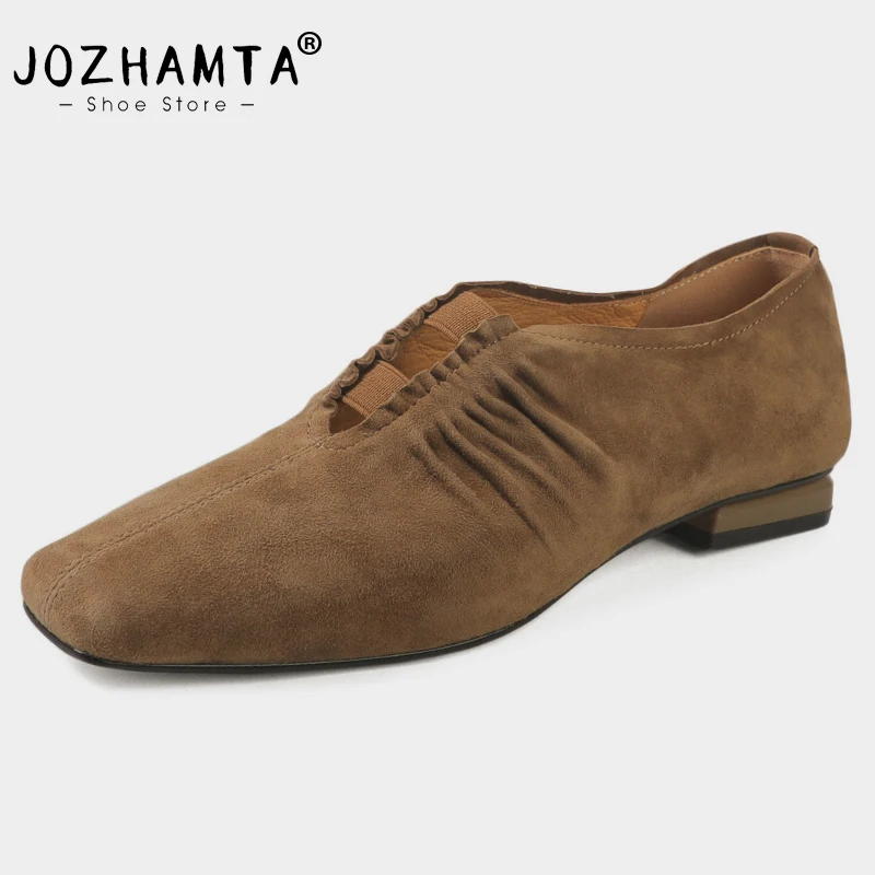 JOZHAMTA Women Flats Shoes Ruched Genuine Leather Vintage Square Toe Chunky Low Heels Shoes Elastic Office Lady Daily Size 34-40