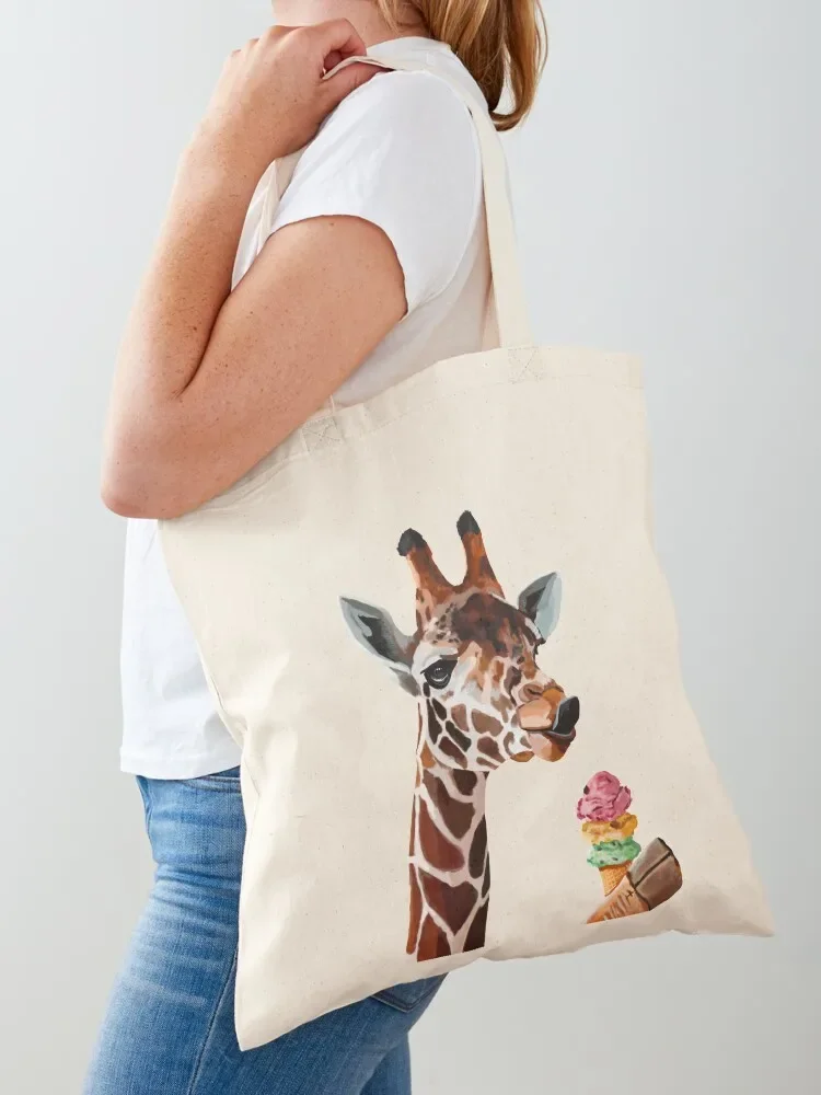 Giraffe with a cute tong and ice cream Tote Bag reusable grocery bags ecological bags tote bags men Tote Bag