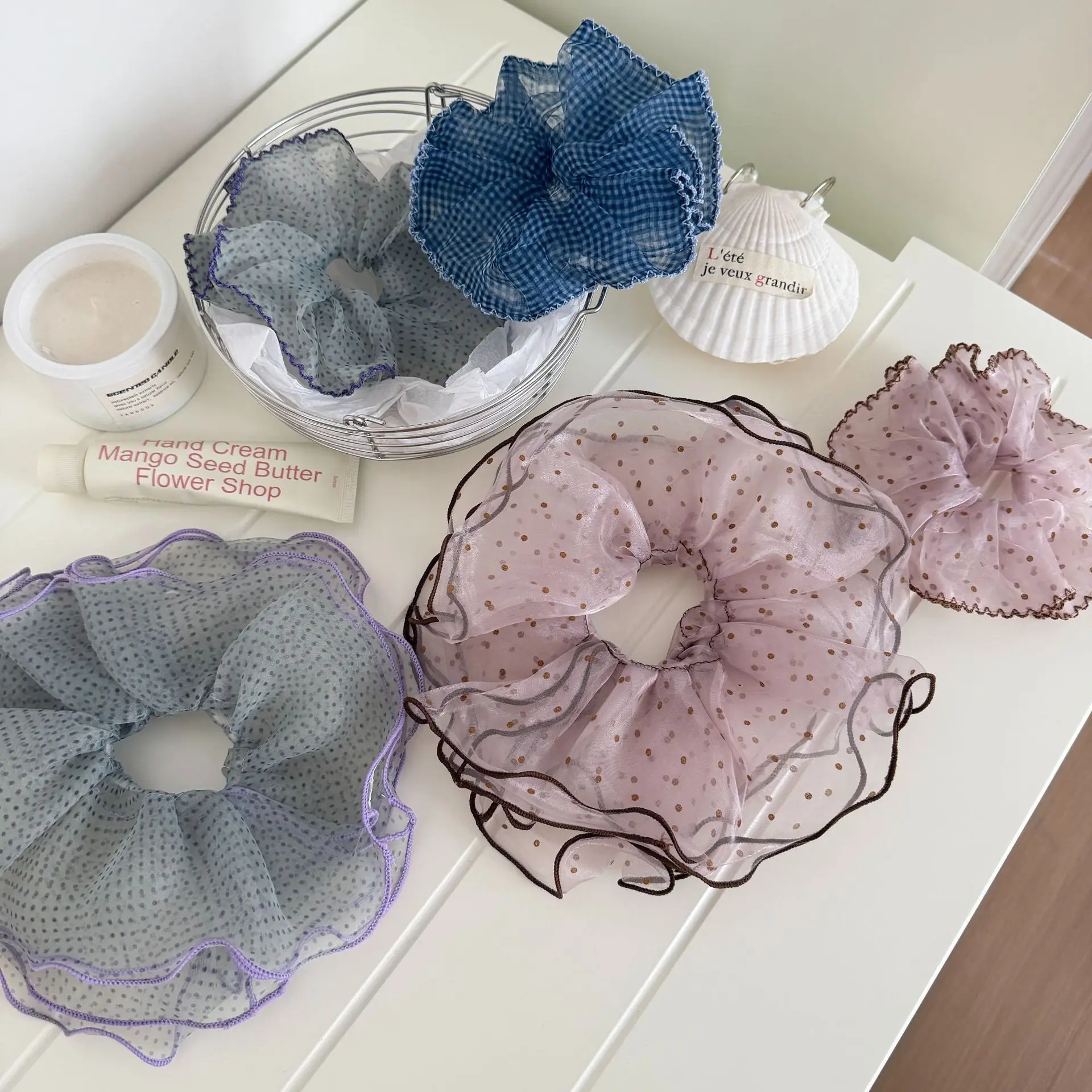 

Scrunchie Mesh Polka Dot Double Layer Lace Ruffled Oversized Soft Hair Band Women Daily Office Party Premium Ethereal