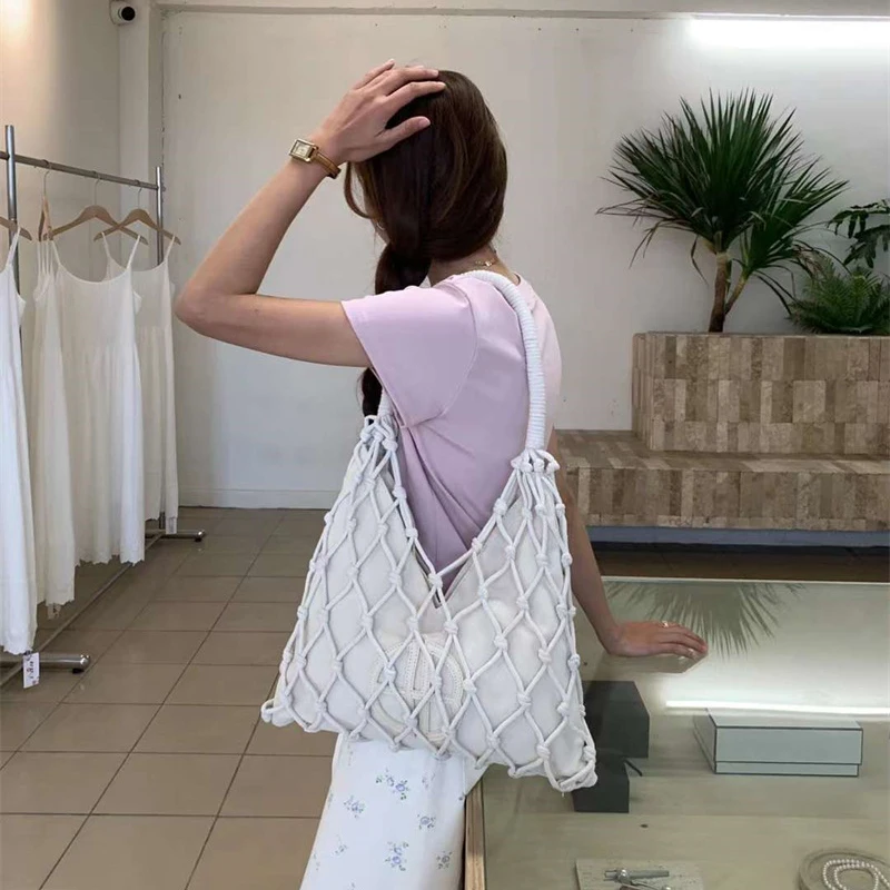 Bohème évider sacs de plage femmes sacs à main et sacs à main de luxe de créateurs 2024 nouveau en toile nylon corde tressée mince sous les bras sac à bandoulière en tissu haute qualité livraison gratuite