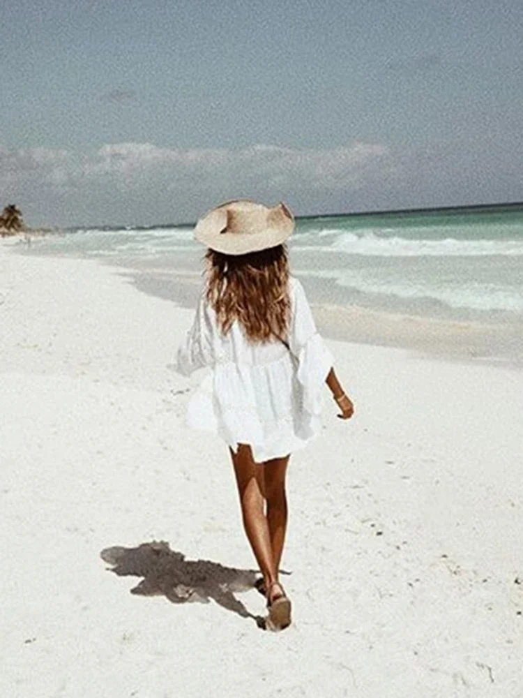 2025 nuevo ahuecado Bikini encubrimientos mujeres playa cubrir un solo pecho cuello vuelto manga larga verano moda ropa de playa