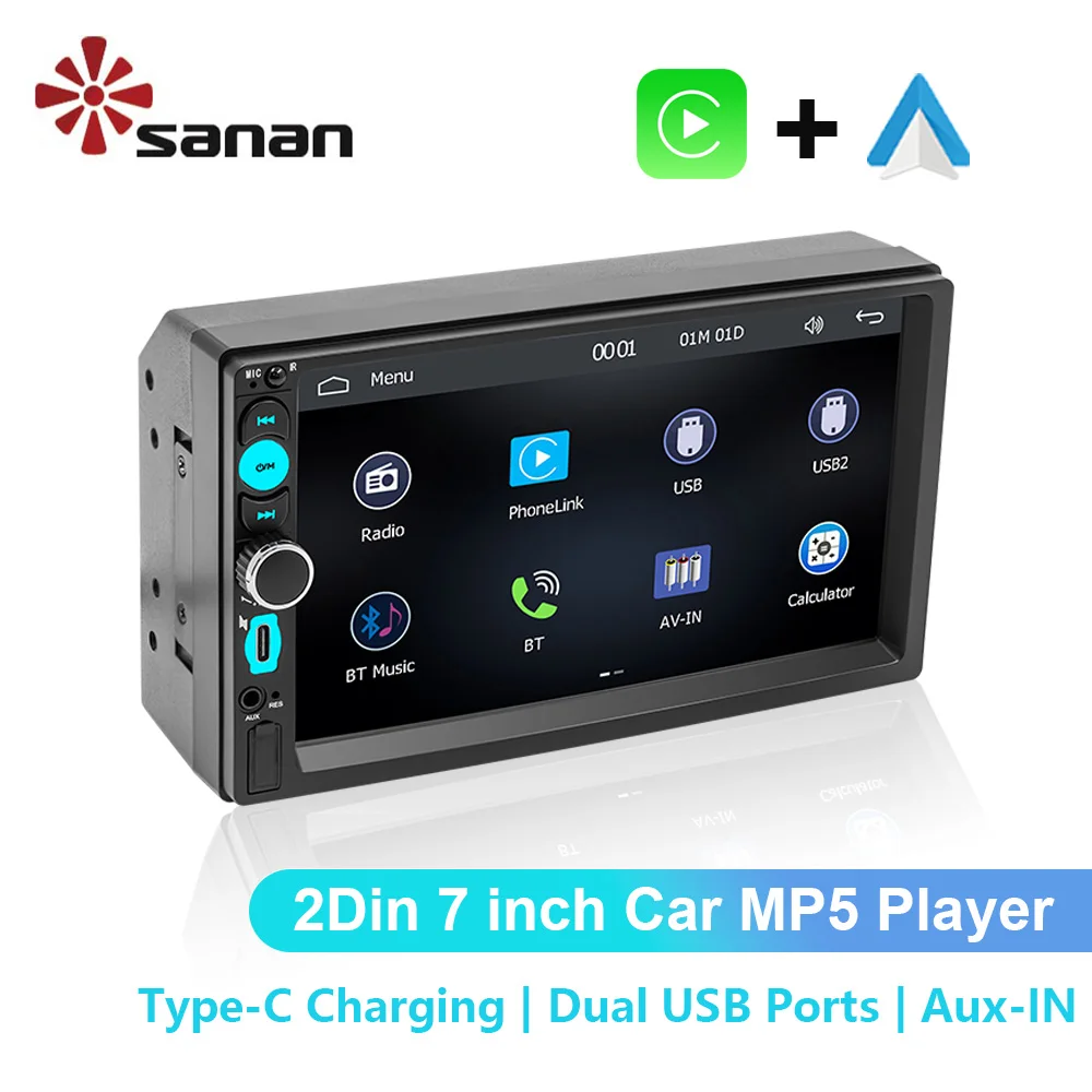 

SANAN 2Din 7" HD Touch Screen Car Radio USB Wireless Wired Carplay Android Auto Mirrorlink FM BT MP5 Player AUX Colorful Lights