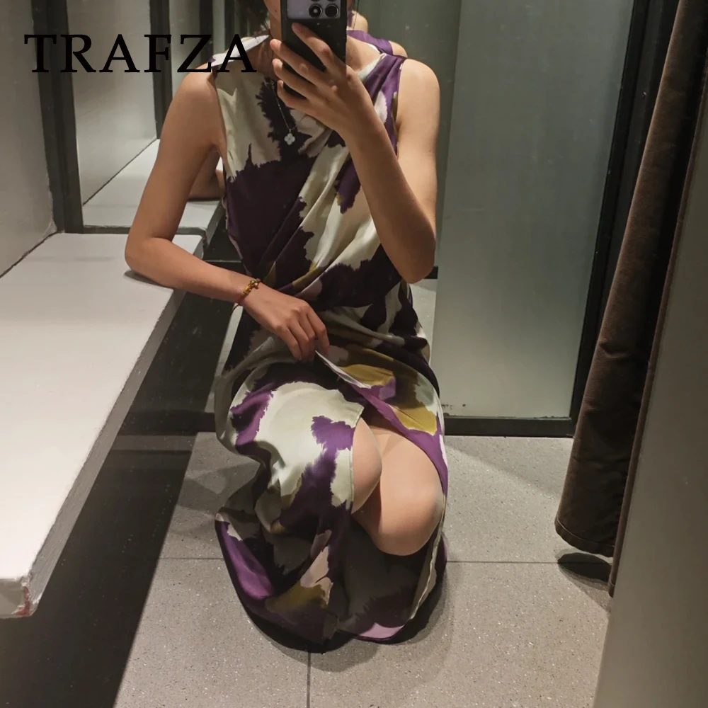 TRAFZA Chic estampado flor moda 2025 primavera Mujer vestidos largos asimétrico vacaciones Vestido ajustado cremallera sin mangas Mujer Vestido