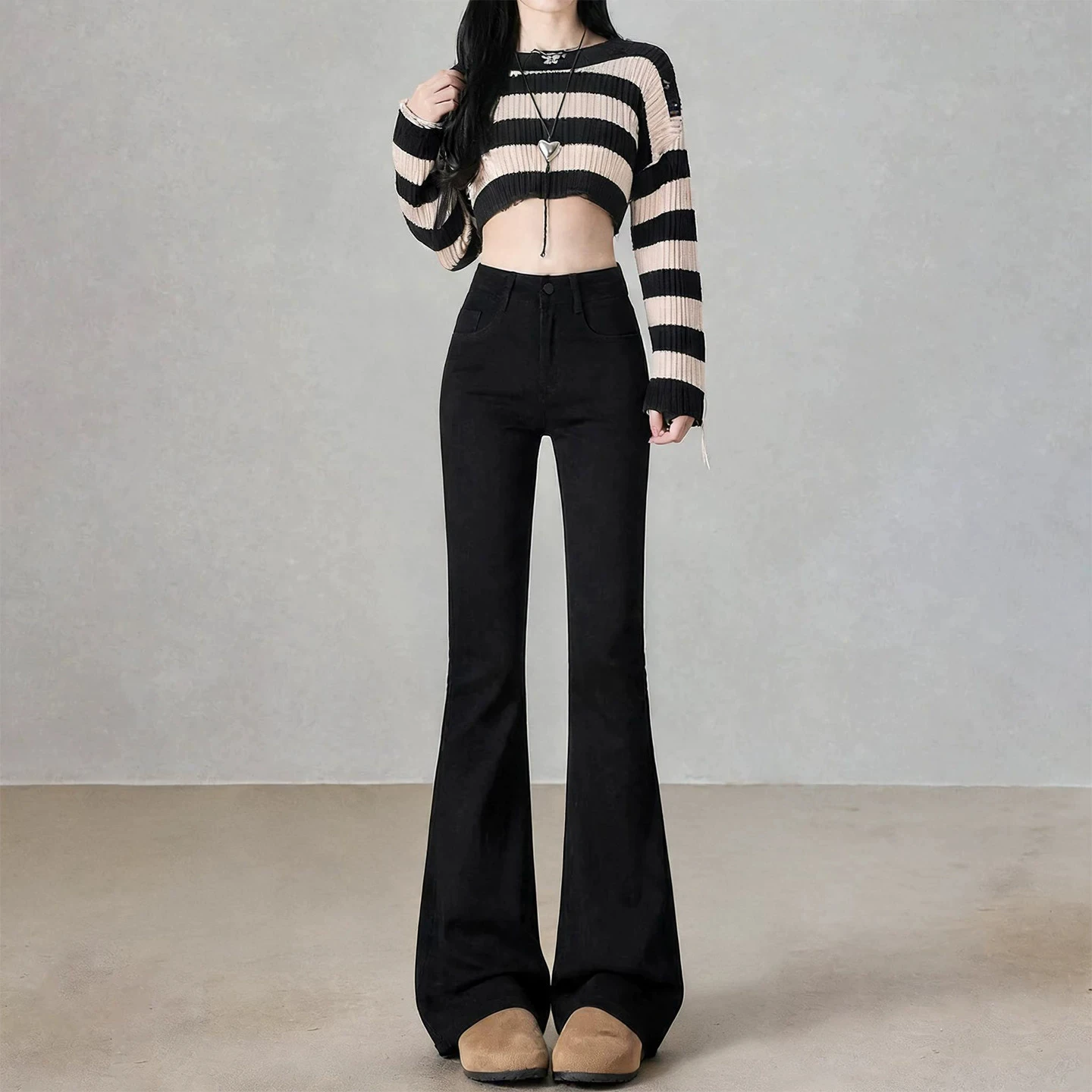 Slim Fit Micro Flare Denim Jeans Women's Commute Style Slimming Drape Casual Flared Pants High Waist Zipper Cotton Stretch Denim