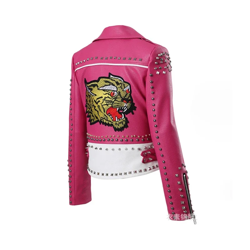 Punk Studded Motorcycle Leather Jacket Women 2024 Trend Streetwear Contrast Color Stitched Faux Leather Embroidered Jackets