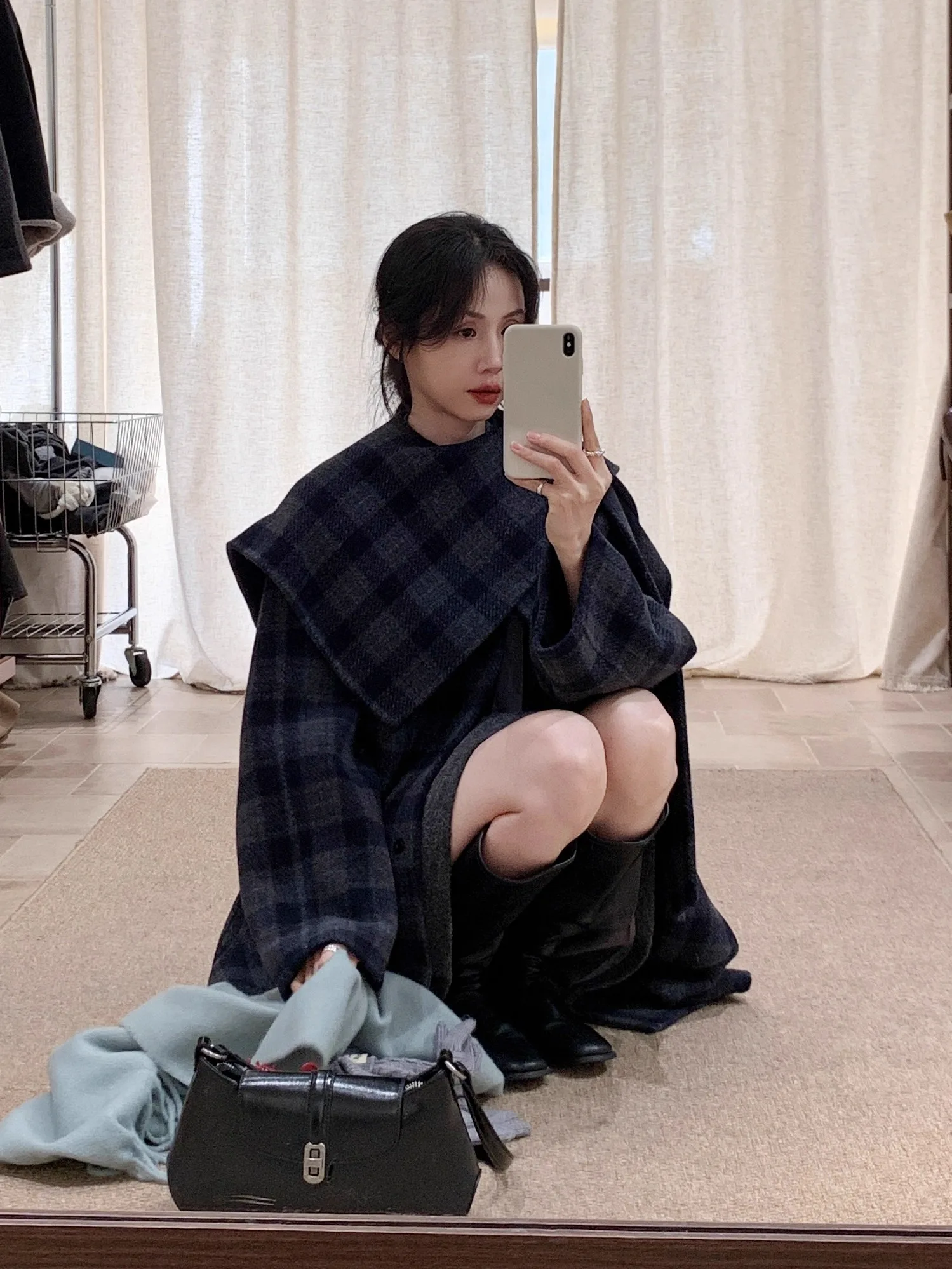 

Blue Plaid Woolen Coat Women's Padded Long Sve round Ne Mid-Length Autumn Winter New Sle Korean Sle Thiened Coat