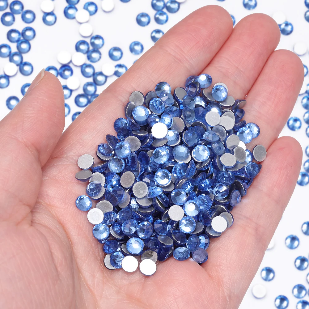 High Quality SS3-SS60 Nail Art Glass Flatback Rhinestone Blue Zircon Round Silver Bottom Glue On Stones For DIY Clothes