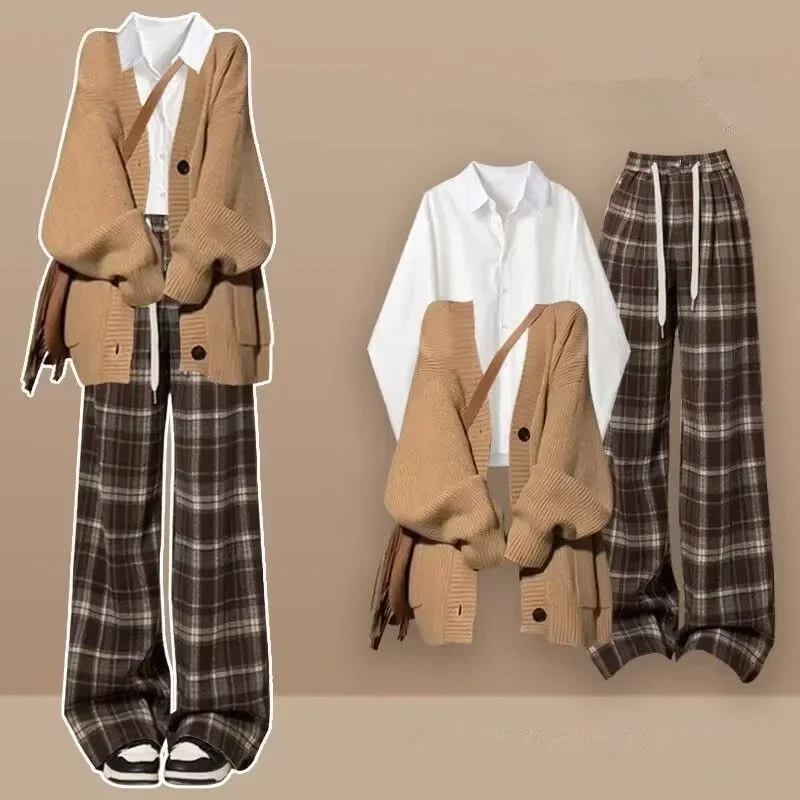 가을 겨울 신상품 한국 마이야르 니트 가디건 스웨터 재킷 셔츠 체크 와이드 팬츠 3피스 세트