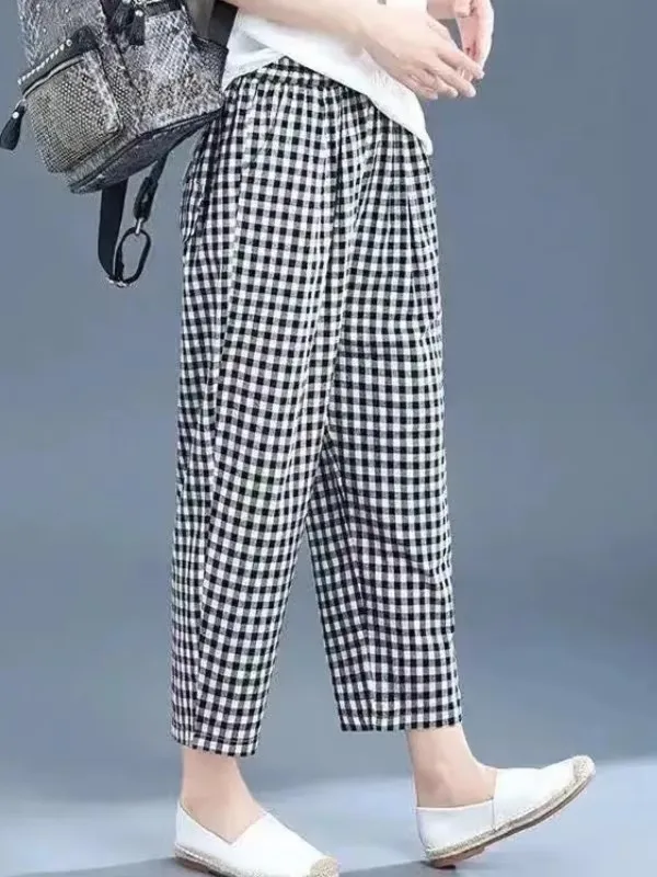 Summer Thin Casual Pants Women's New Versatile Slim Nine-Piece Harlan Korean Loose Plaid Pants High Waist Pocket Design