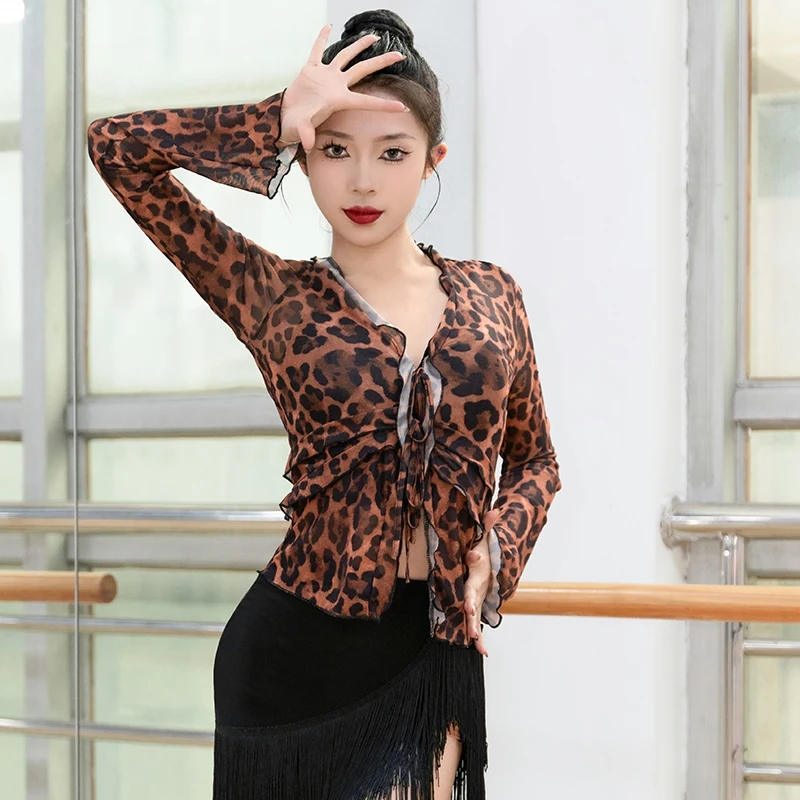 

Women's Latin Dance Practice Costume Adult Female Leopard Long Sleeve Mesh Top Dance Training Shirt Line Dance Clothing XH1501