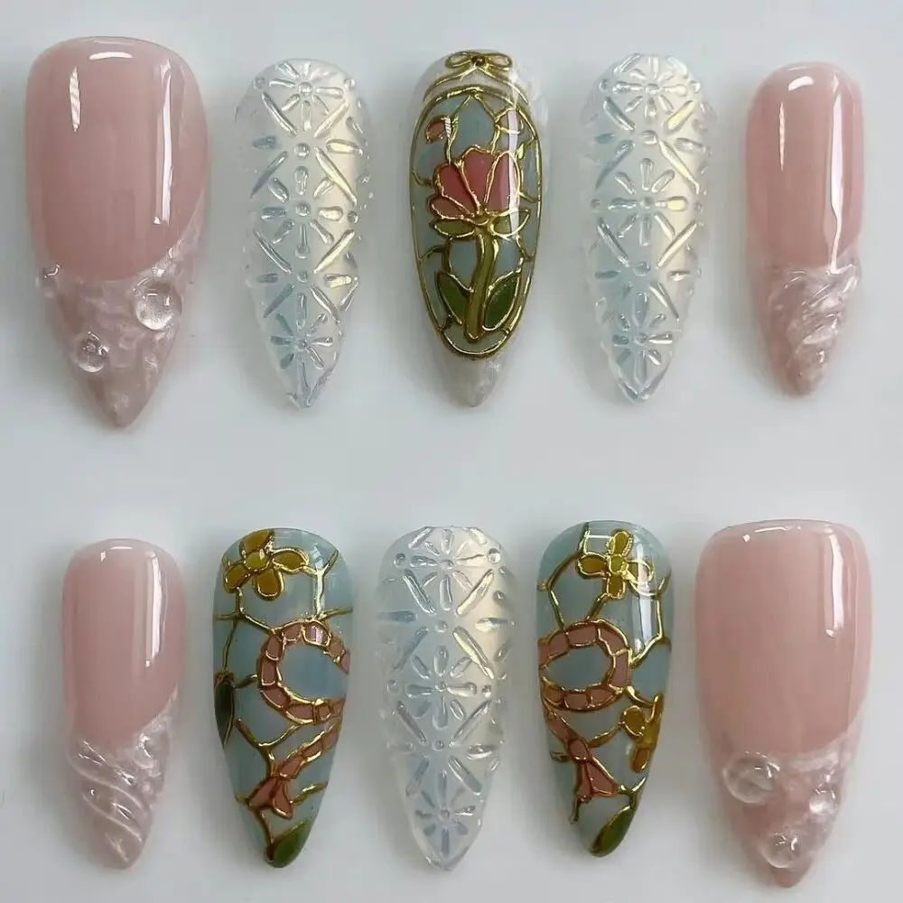 

10Pcs Handmade Manicure Medium Almond Fake Nails 2024 New Cute Flowers Limited Press On Nails Design with Adhesive Nail File Set