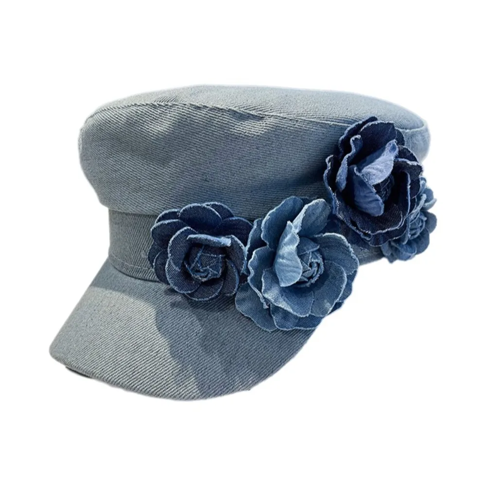

Artistic Denim Camellia Beret Hat Adjustable Elegant Flower Flat Top Hat Breathable Korean Style Painter Caps Fashion Accessory
