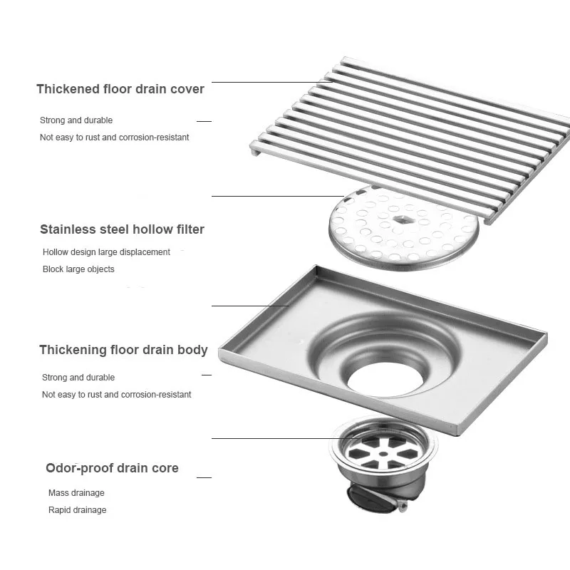 Washing Machine Bathroom Trap Tile Insert Anti-odor Stainless Square Linear Shower Drain Floor Steel