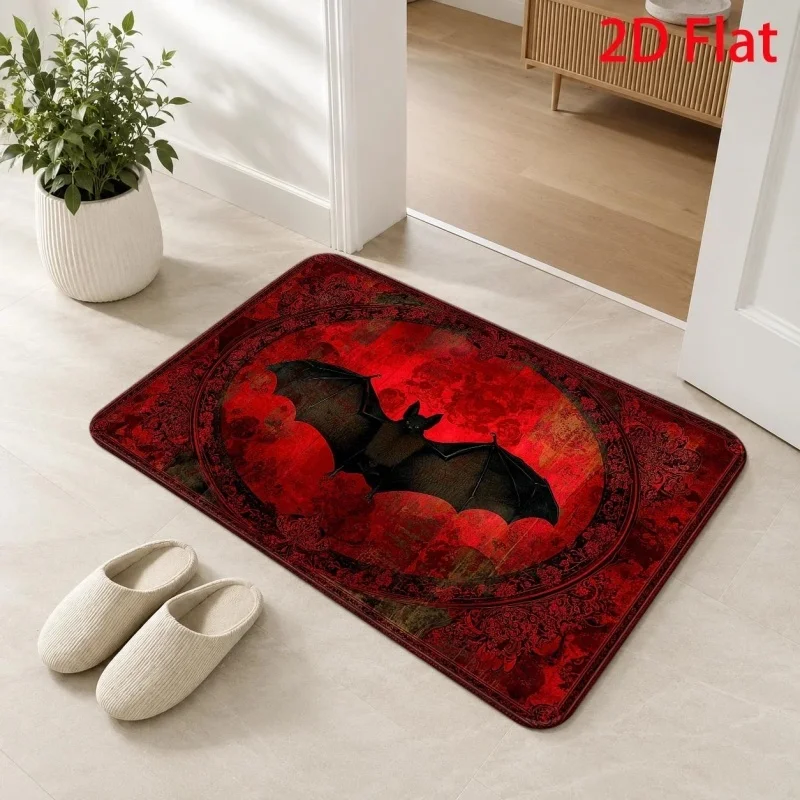 Halloween Highland Cow Doormat, Witch Hat Pumpkin Bat Printed Floor Mat, Spooky Holiday Front‑door Decor Rug