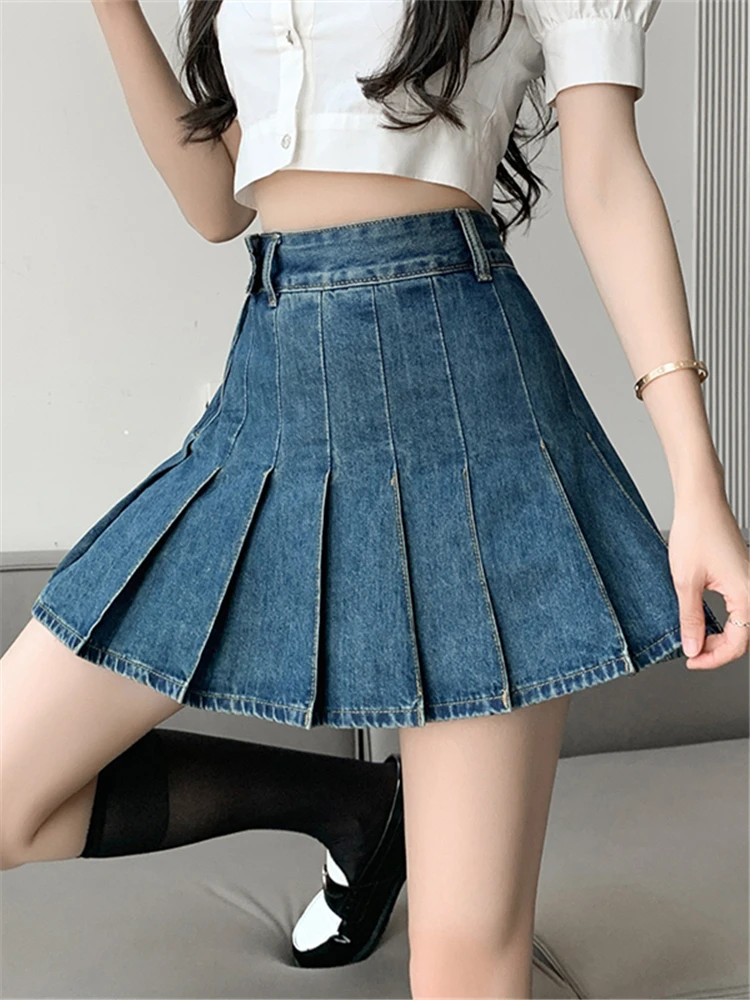 Seoulish High Waist Irregular Women's Denim Pleated A-Line Skirts Spring Summer Vintage Jeans Skater Mini Skirt Female 2023 New