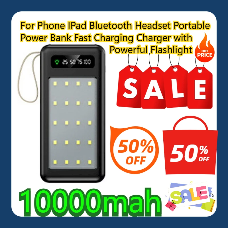 

For Phone IPad Bluetooth Headset Portable Power Bank 10000mah Fast Charging Charger with Powerful Flashlight