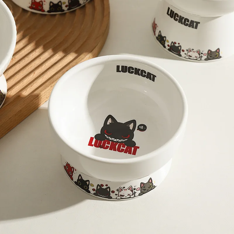 Luckcat Cat Bowl Ceramic Protective Cervical Spine Drinking Bowl Cute Oblique Mouth Anti-Tumble Pet Rice Bowl Cat Food Basin