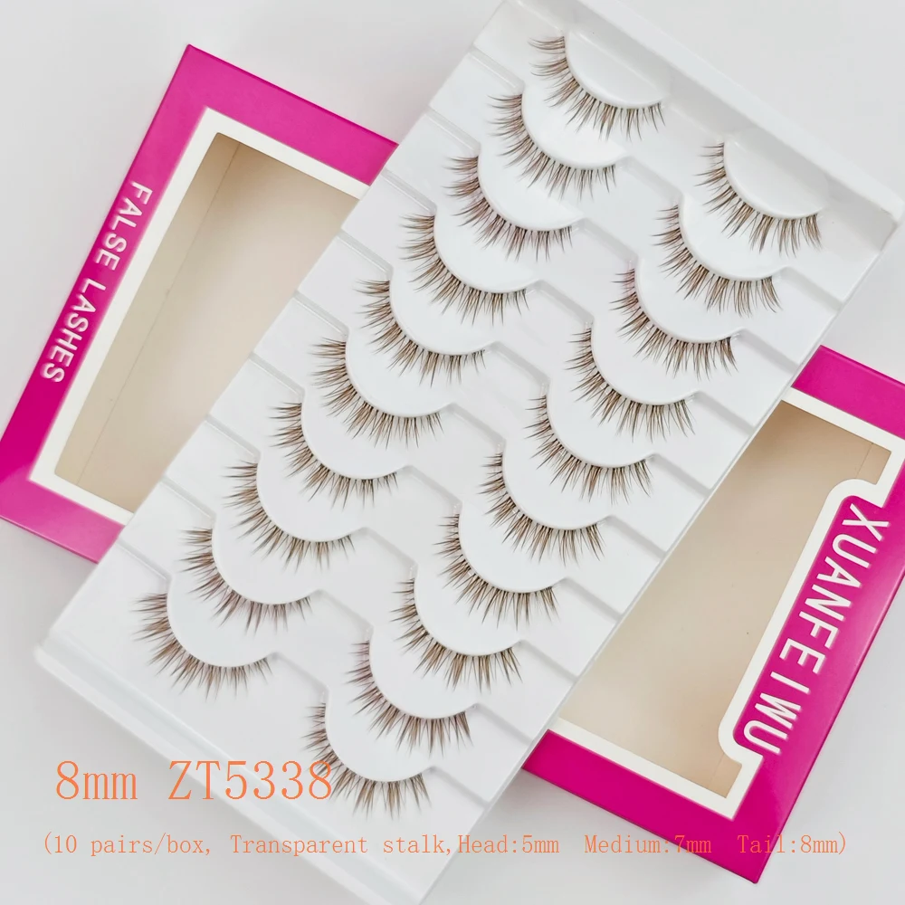 Xuanfeiwu natürliche schräge hellbraune karamellfarbene Wimpern mit transparentem Stiel, vorne kurz und hinten lang, länglich an der Außenecke, falsche Wimpern im Fuchsstil, einteiliges, natürliches Make-up, realistische Wimpern