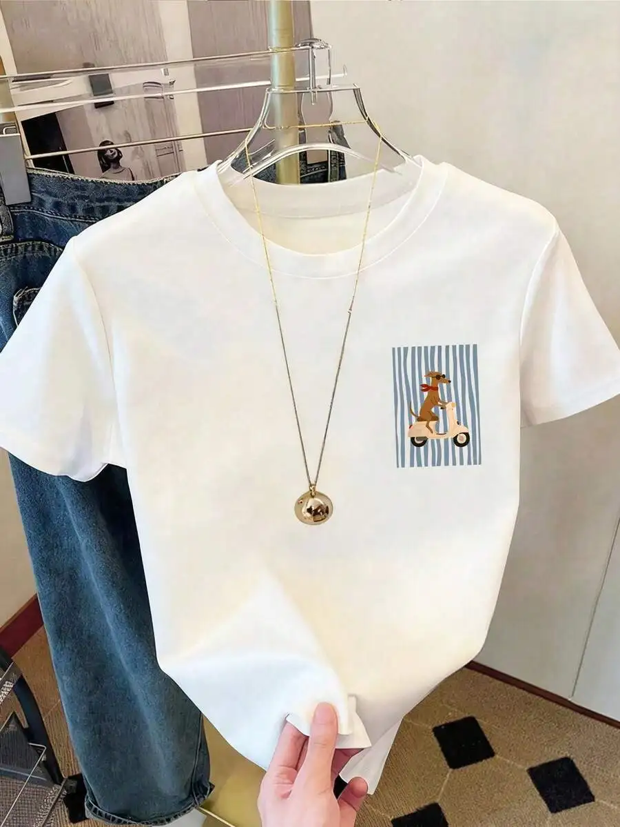 Womens White Casual Short Sleeve T-Shirt With Striped Cartoon Dog On Scooter Print
