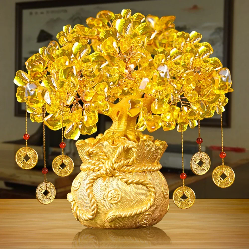 Lucky Tree Wealth Yellow Crystal Natural Money Ornaments Bonsai Style Luck Feng Shui Craft Citrine Tree for Bringing Wealth True