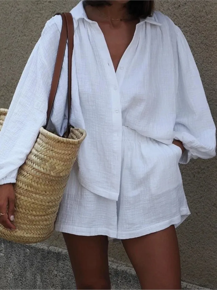 

Women's Casual Cotton Linen Shorts Two Piece Set Long Sleeve Lapel Buttons Cardigan Tops Shorts Outfits Female Summer Loose Sets