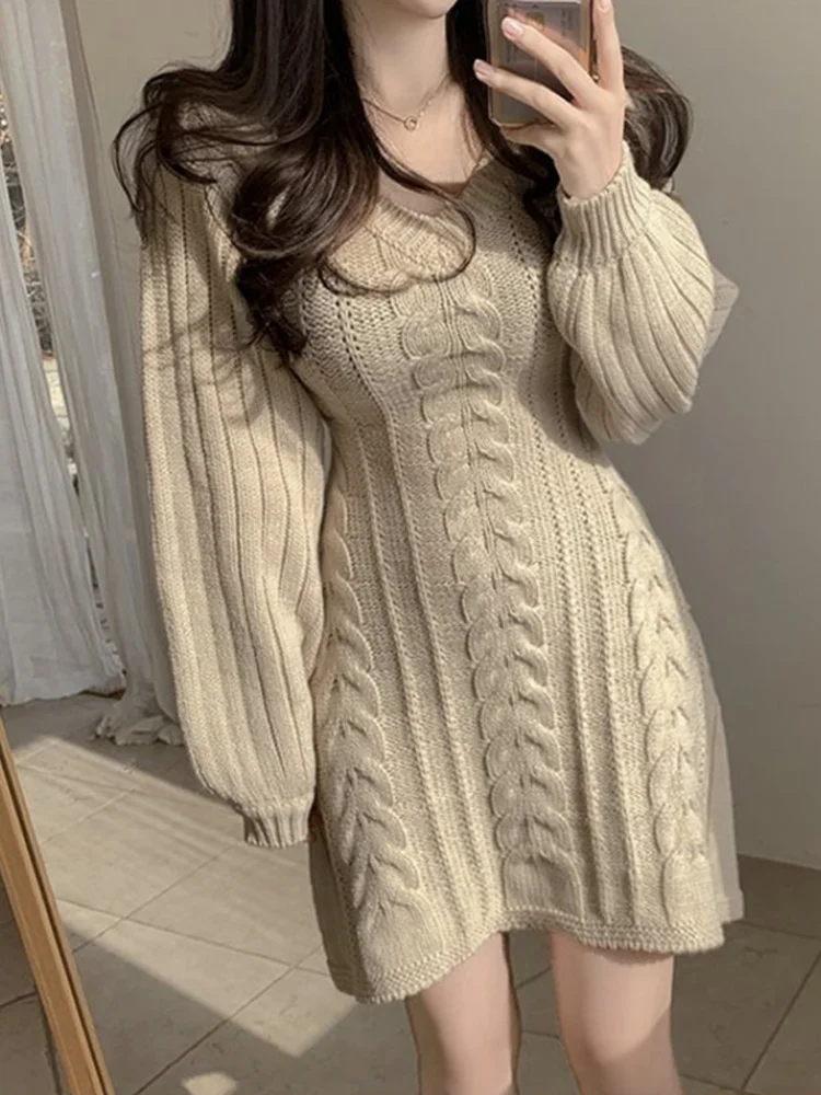 Robe pull tricotée pour femmes, nouvelle mode, automne hiver, manches longues, col en V, robes élégantes rayées, haut en tricot, vêtements