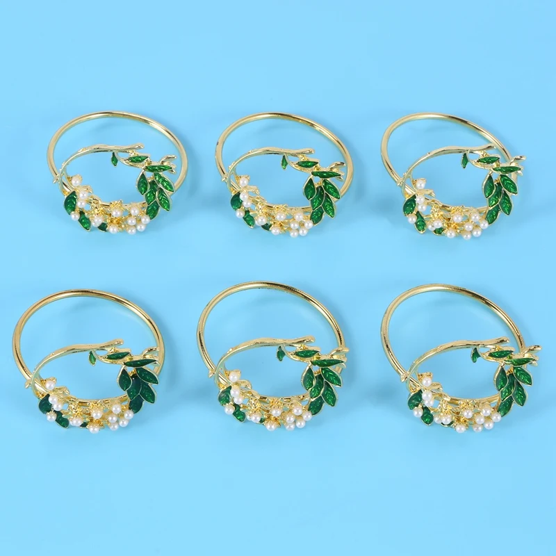 RIRI Napkin Ring Golden Pearl Flower Napkin Rings Set of 6 Metal Napkin Holder for Wedding Party Dinner Table Decoration