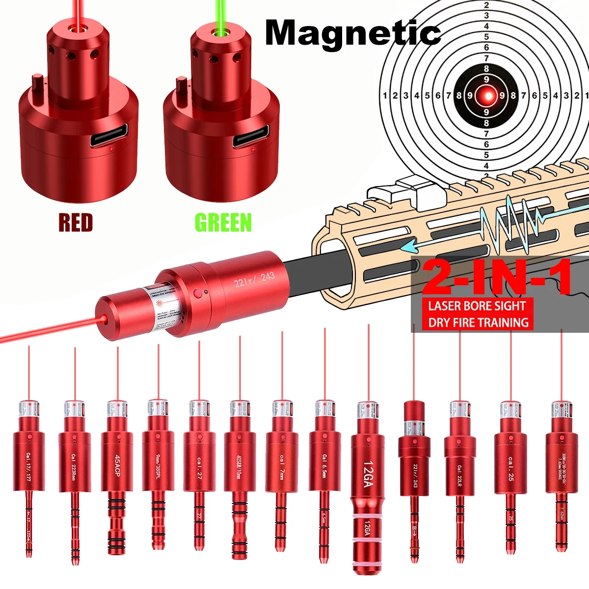 9mm Cal .17/177 22LR 38SPL 223REM 12GA La-ser Magnetic Red Dry Fire Training Cartridge Training Bullet Bore Sight Dual-purpose