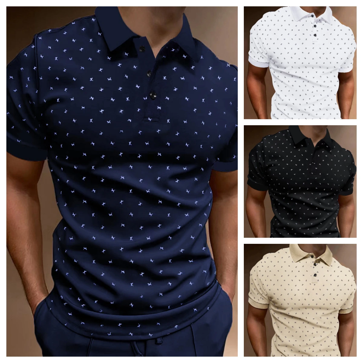 

2023 Spring and Summer New Men's Printed Casual Turn-down Collar Polo Shirt Men's Business Casual Short-sleeved Shirt