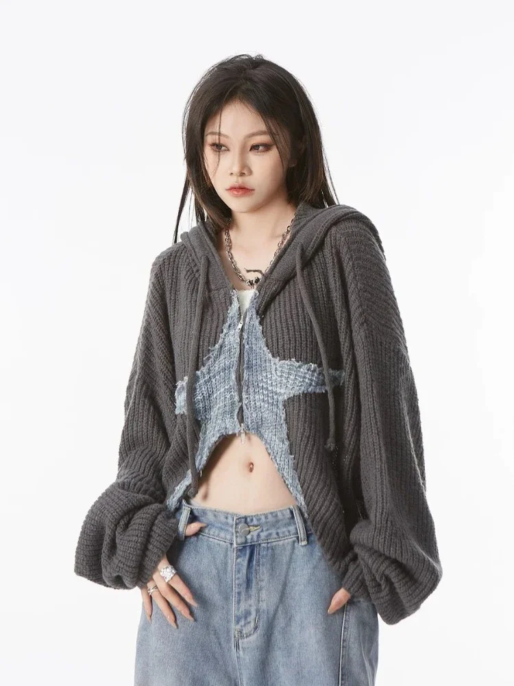 Vintage Patchwork Star Hoodes Cardigans Harajuku Zipper Women Chic Knitwear Autumn Ladies Cashmere Jacket Elegant Short Sweater