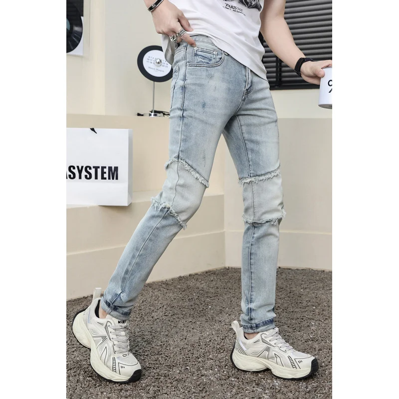 Retro Handsome Jeans Men's Stitching Street Trend Personality Locomotive Style American Stretch Slim Fit Tapered Pants