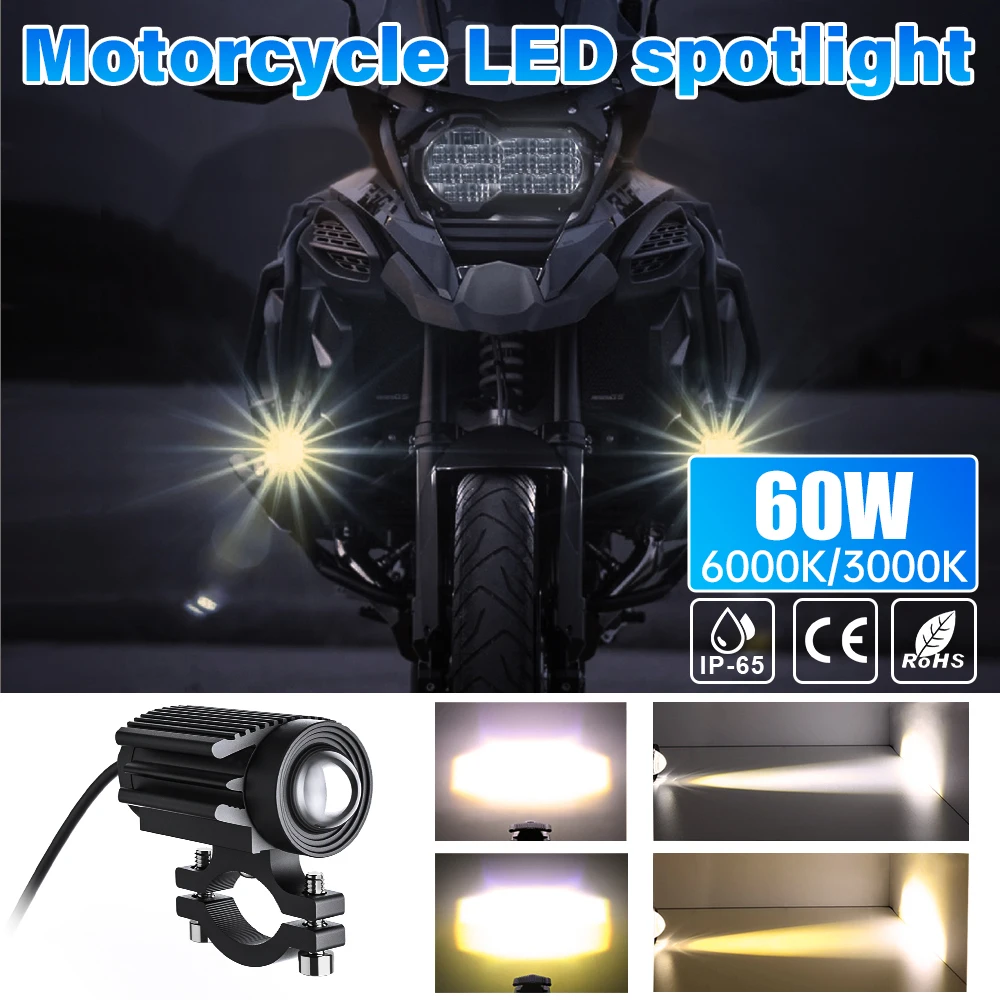 2Pcs 60W Motorcycle Headlight LED Fog Light Lamps Auxiliary Spotlight 6000k/3000k Super Bright Mini Driving Led Lights Headlight