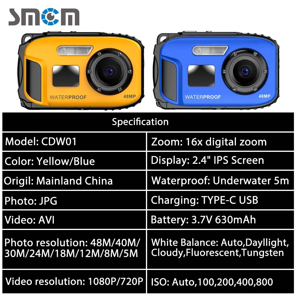 كاميرا رقمية معدنية عارية مقاومة للماء ، كاميرا 5 أمتار ، تكبير رقمي 16X ، شاشة عرض IPS ، 1 way