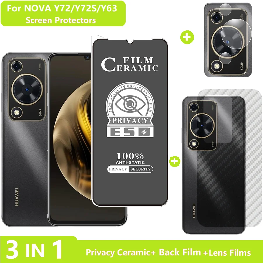 

3-In-1 For Huawei Nova Y72S Tempered Glass Nova Y72 Screen Protector (Matte+Privacy Film)+Lens Protector+Back Film Nova Y63