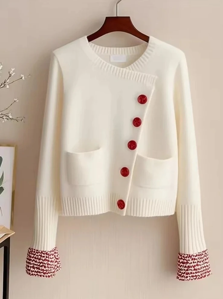 

Korean Open Cardigan Knitwear TopsWhite Patchwork Knitted Cardigan Sweater Women's Autumn Winter Fashion Unique Loose