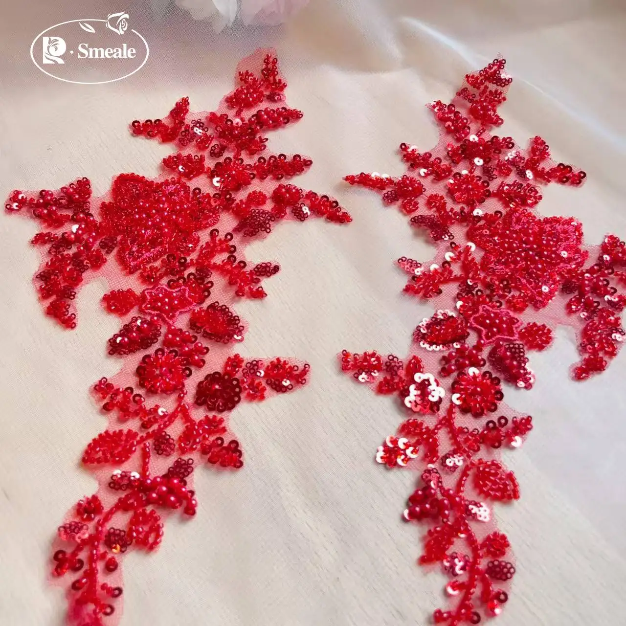17*33CM, 10-farbige Perlen-Pailletten-3D-Blumenspiegel-Applikation. Abendkleid aus Spitzenstoff. Produktionsmaterial für Aufnäher, Dekoration, Kleidung – Detail 9