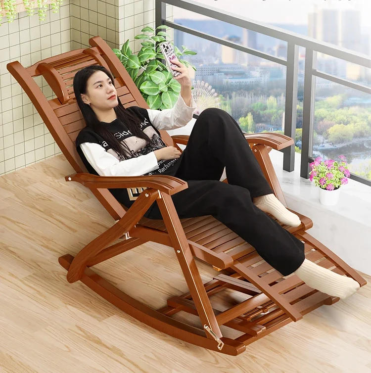 

Folding lounge chair, adult bamboo rocking chair, household lunch break cool chair, lazy elderly balcony, leisure and carefree