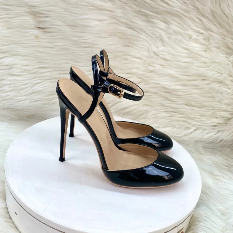 

Женские сандалии из лакированной кожи с пряжкой, на тонком каблуке 10/12 см, супервысокие каблуки, сандалии с круглым носком, летние женские туфли для офиса и работы