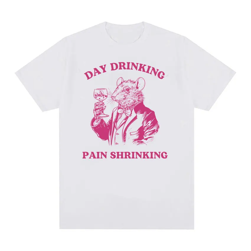 Day Drinking Pain Shrinking Vintage Rat Drawing T Shirt Funny Rat Meme Cartoon T Shirts Men Women Gothic 100% Cotton T-shirt Y2k