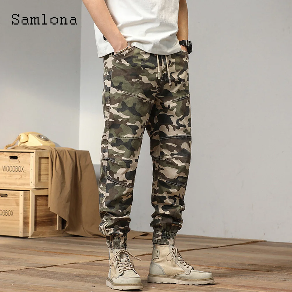 Samlona Plus Size Mens Casual Pants 2024 Summer Camouflage Pants Male Elastic Waist Pocket Trouser Outdoor Vintage Leisure Pant