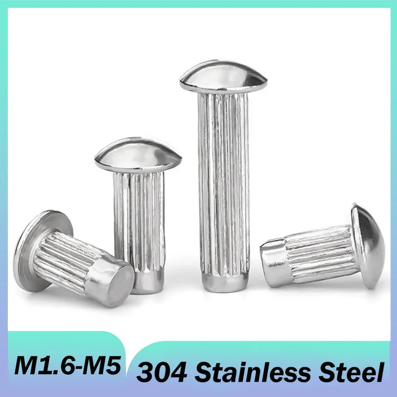 304 Stainless Steel Button Round Head Knurled Shank Solid Rivet GB827 M1.6 M2 M2.5 M3 M3.5 M4 M5 for Label Name Plate L:3-20mm