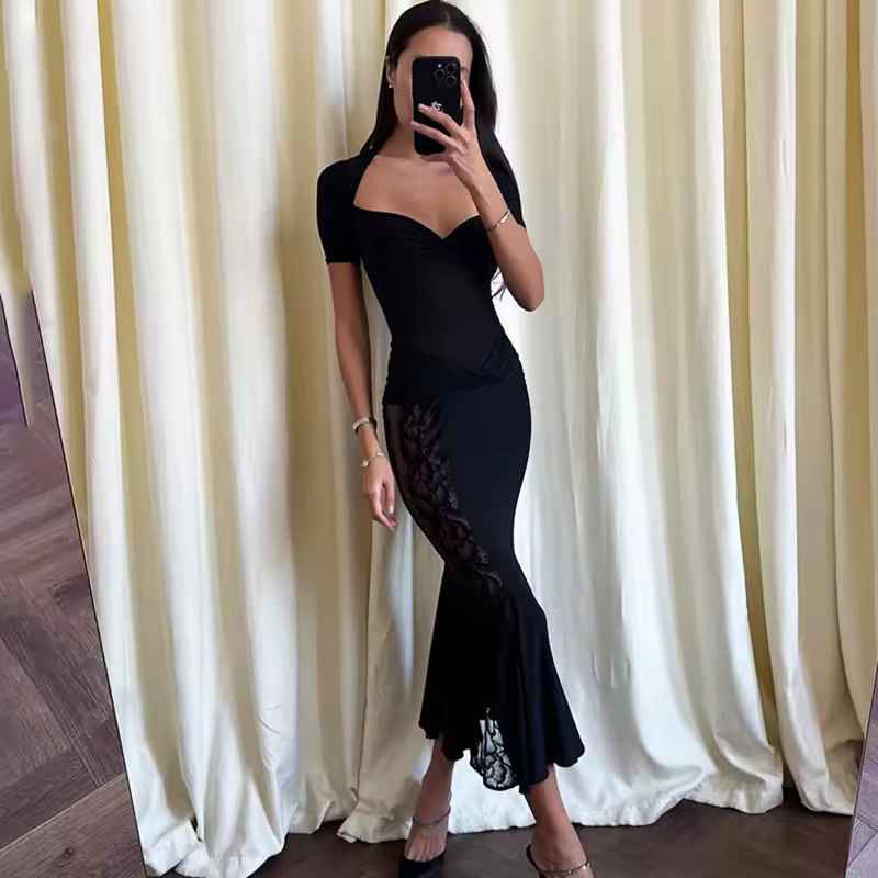 Ticketsx Sexy Lace Dress Set Women Fashion V-Neck See-Through Patchwork Pleated Slim Skirts Set Elegant Party Evening Dress Set - Image 7