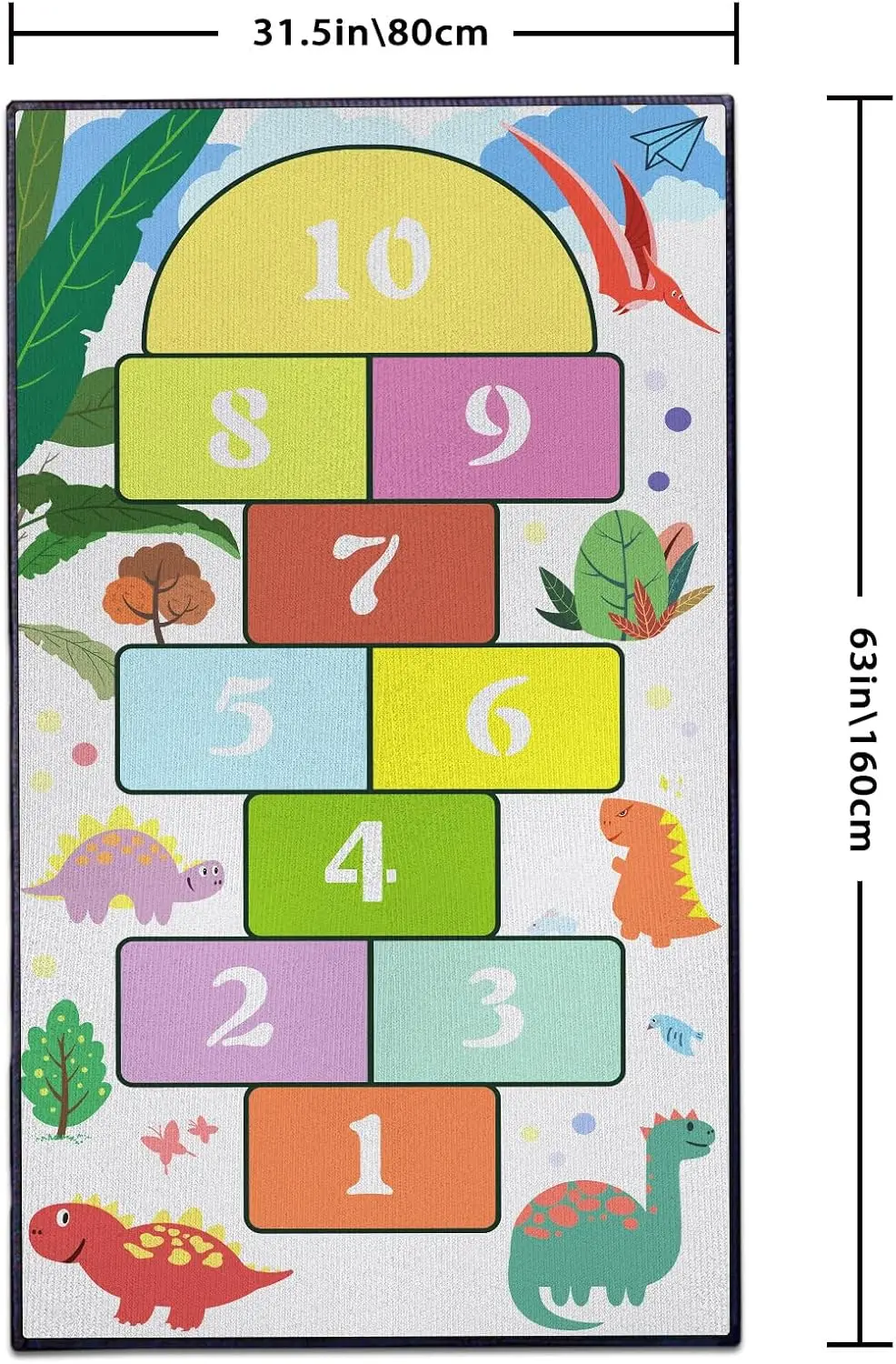 Dinosaur Hopscotch Runner Mat, Number Hop Game Cartoon Dinosaur Leaf Kids Decor Art Print, Non-Slip Washable Rug for Entry Hall
