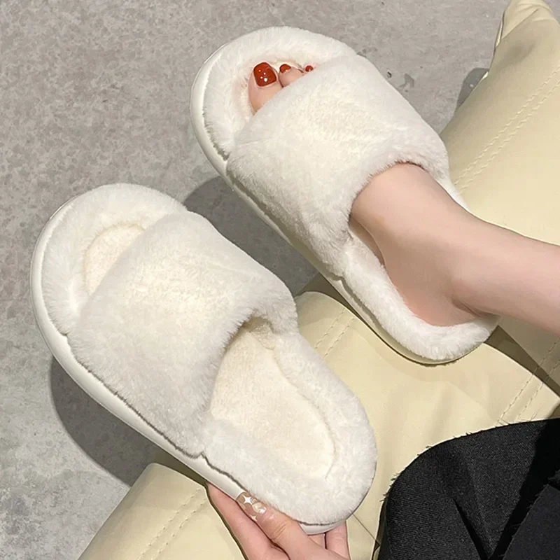 2022 Winter Women\'s Slippers Thick-bottomed Fur Furry Slides for Home Soft Platform Indoor House Warm lady Cotton Shoes