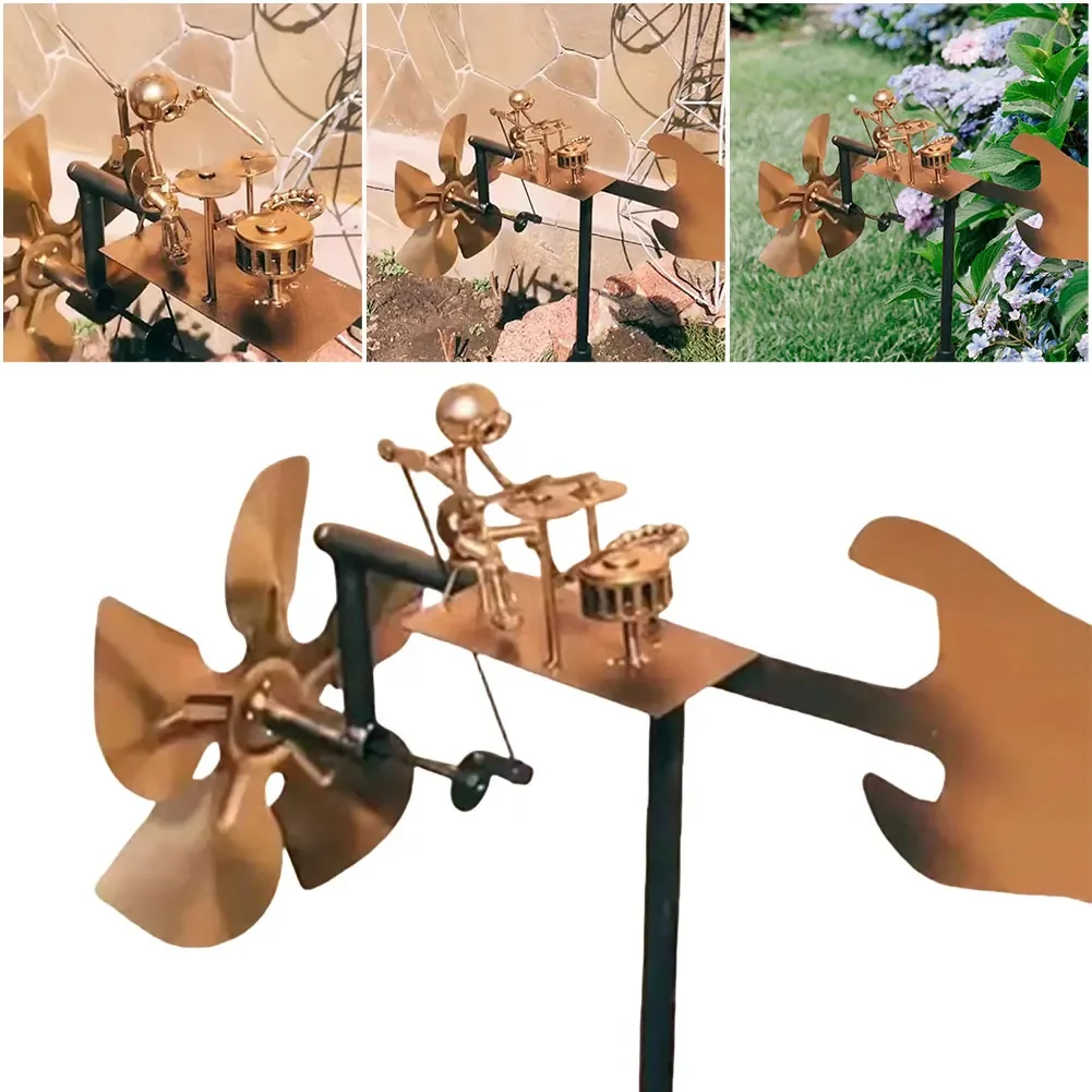 

Metal Rock Drummer Windmill Statue Decorative Wind Energy Rock Art Ornaments for Garden Yard Patio Lawn Porch Backyard