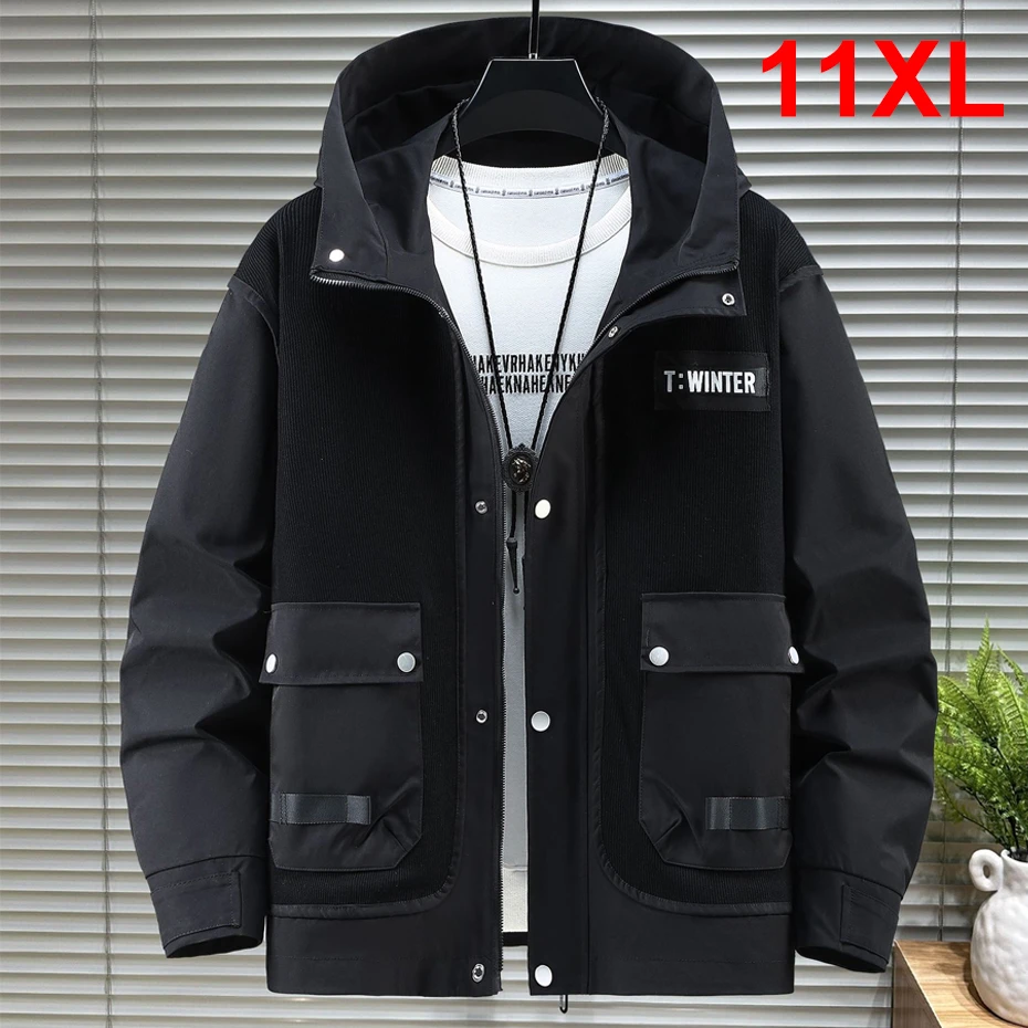 Plus Size 11XL Cargo Jacket Men Hooded Coat Fashion Casual Multiple Pockets Jackets Big Size 11XL Coats Male