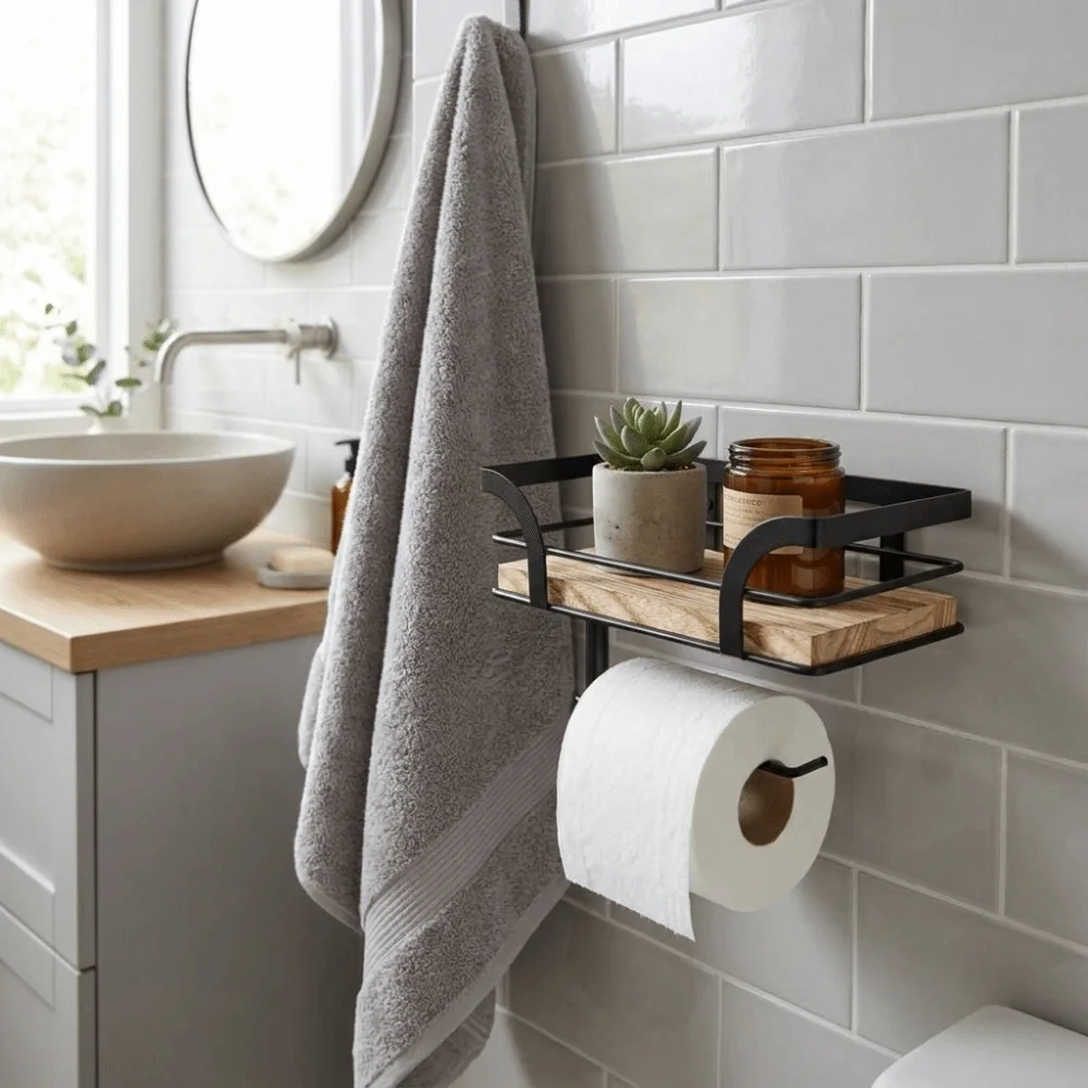 Wall Mounted Tissue Holder Space Saving Multi-functional Paper Rack Rustic Heavy Duty Toilet Roll Holder Storage Shelf