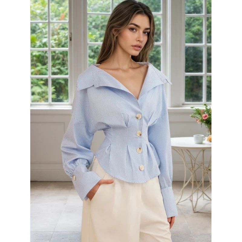 Elegant Striped Shirt for Women with Lapel Bubble Sleeves Pleated Waist Long Sleeve Fashionable Versatile Top