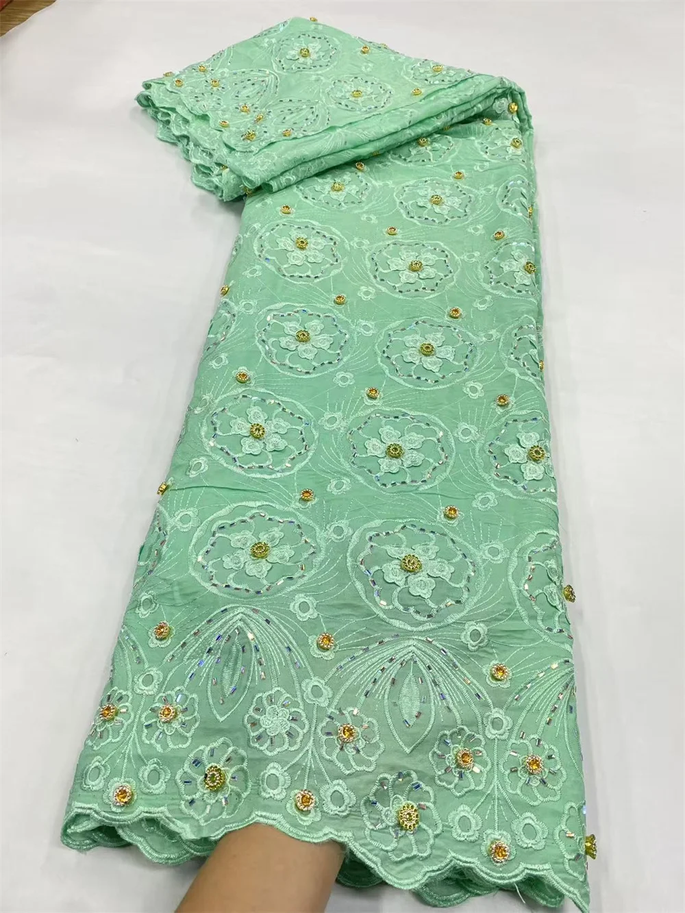 

Nigeria Lace Fabric High Quality 2025 Chiffon Lace Fabric With Big Stones Teal Green Lace Fabric For Luxury Party Dresses W732-1